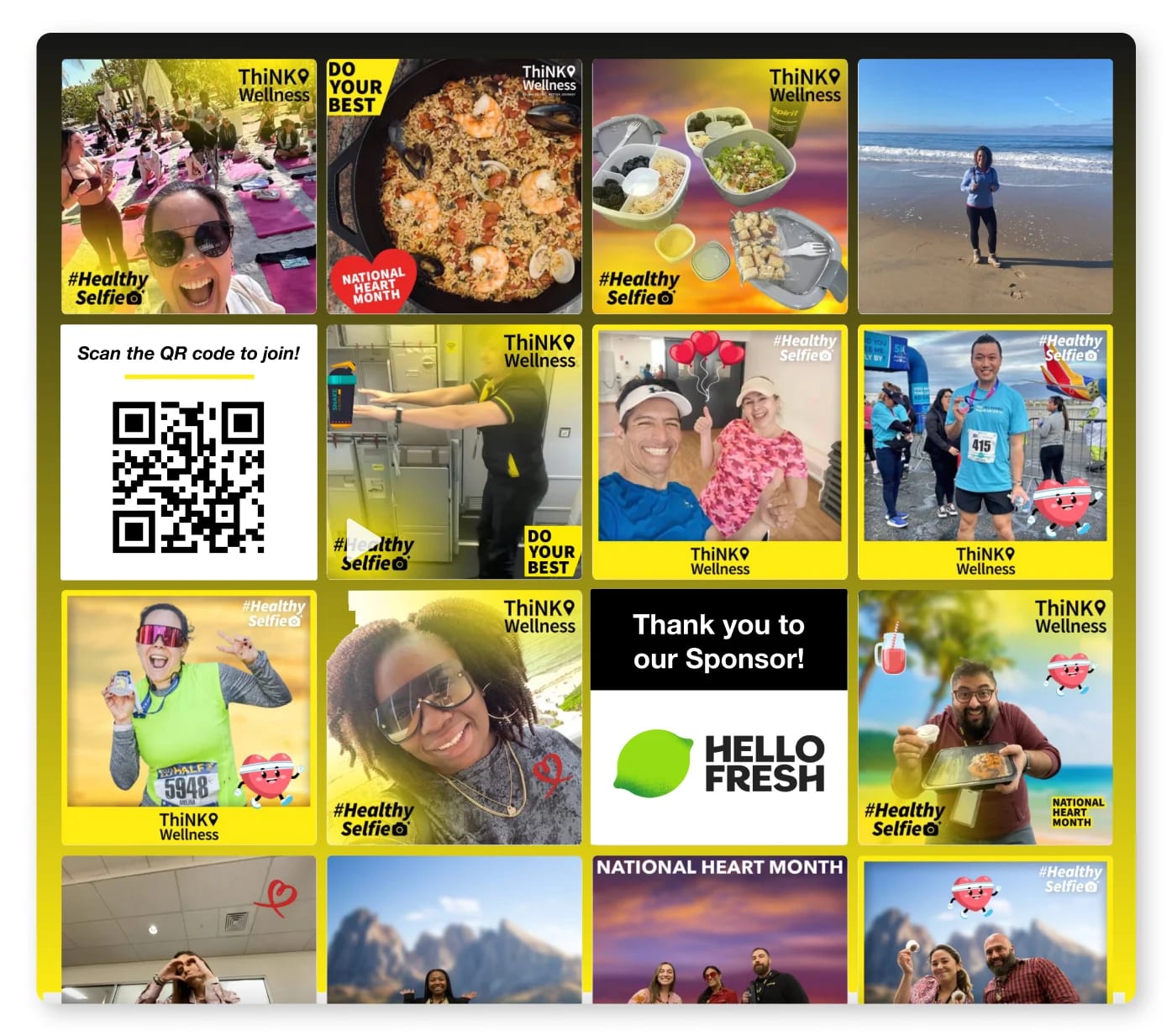 A live slideshow grid of guest wellness photos with campaign hashtags, a scannable code to join, and a sponsor thank-you tile