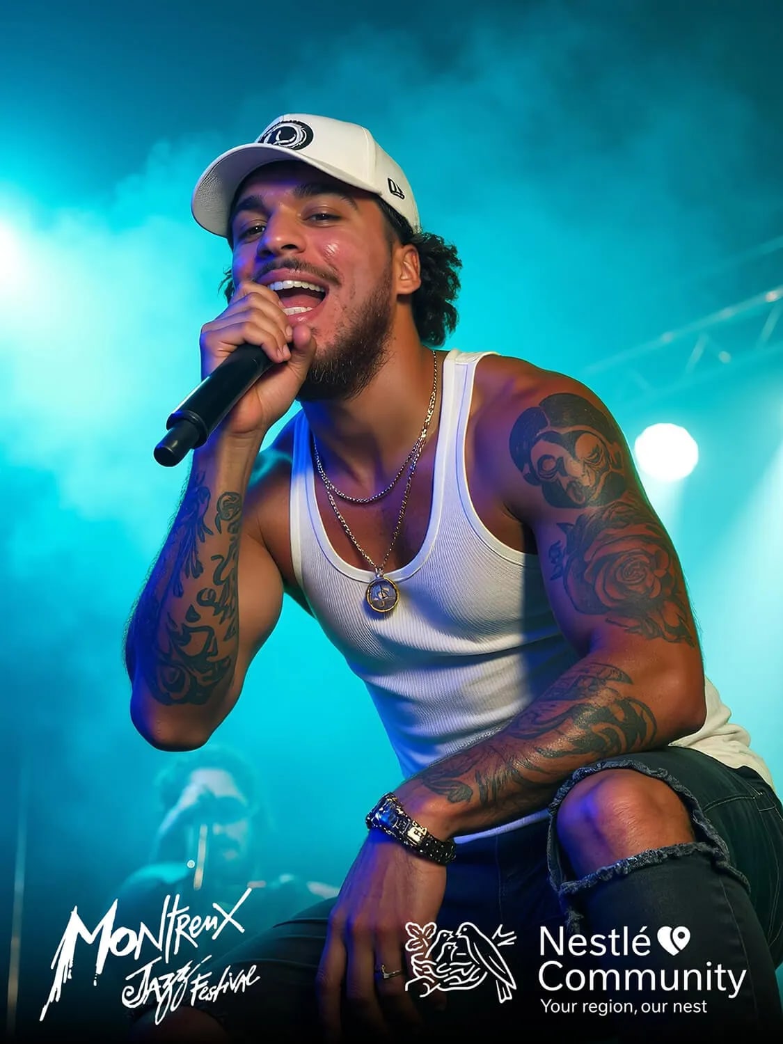 An AI-styled guest portrait of a man in a white cap singing into a microphone on a smoky blue stage, with the Montreux Jazz Festival logo and a sponsor logo along the bottom