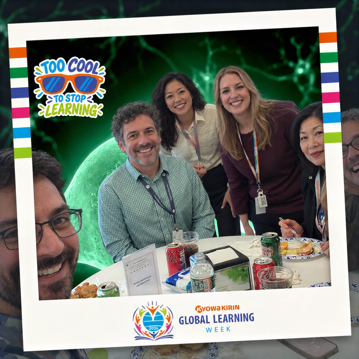Digital photo booth group selfie of five colleagues at a lunch table in a Kyowa Kirin Global Learning Week frame with a Too Cool to Stop Learning sticker (client branded)