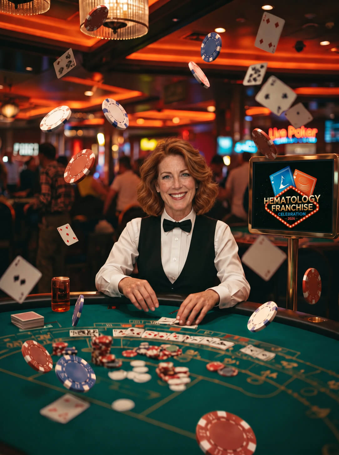 AI photo booth output: attendee as a smiling casino dealer at a poker table with cards and chips flying, beside a Hematology Franchise Celebration sign (client branded)