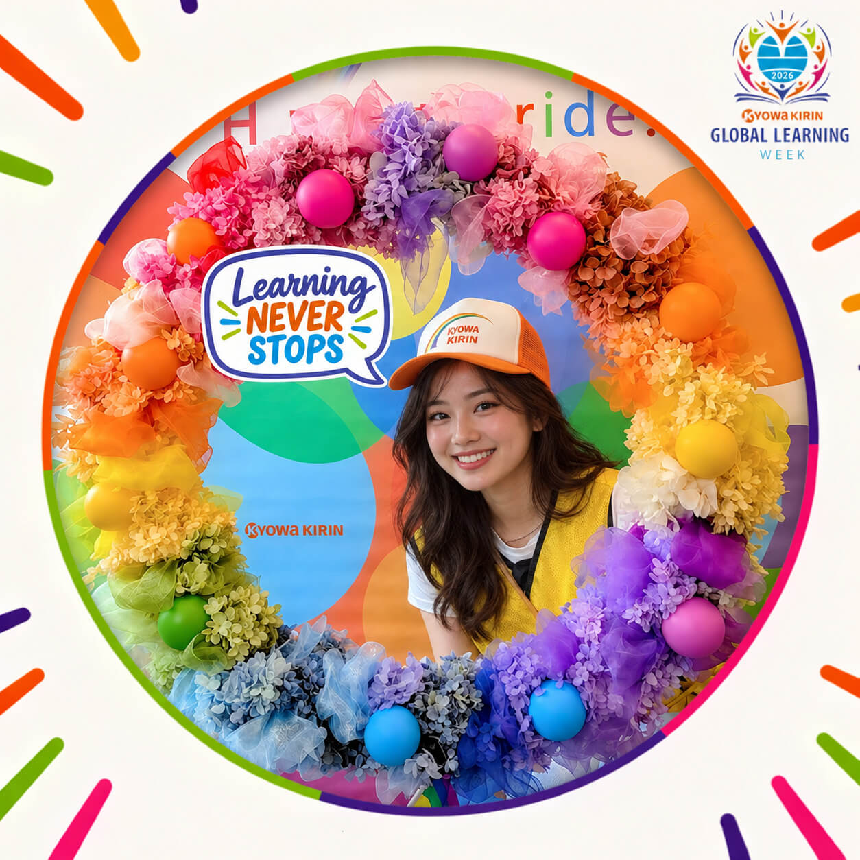 Digital photo booth photo of a guest in an orange cap framed by a rainbow flower ring, in a Kyowa Kirin Global Learning Week overlay with a Learning Never Stops sticker (client branded)