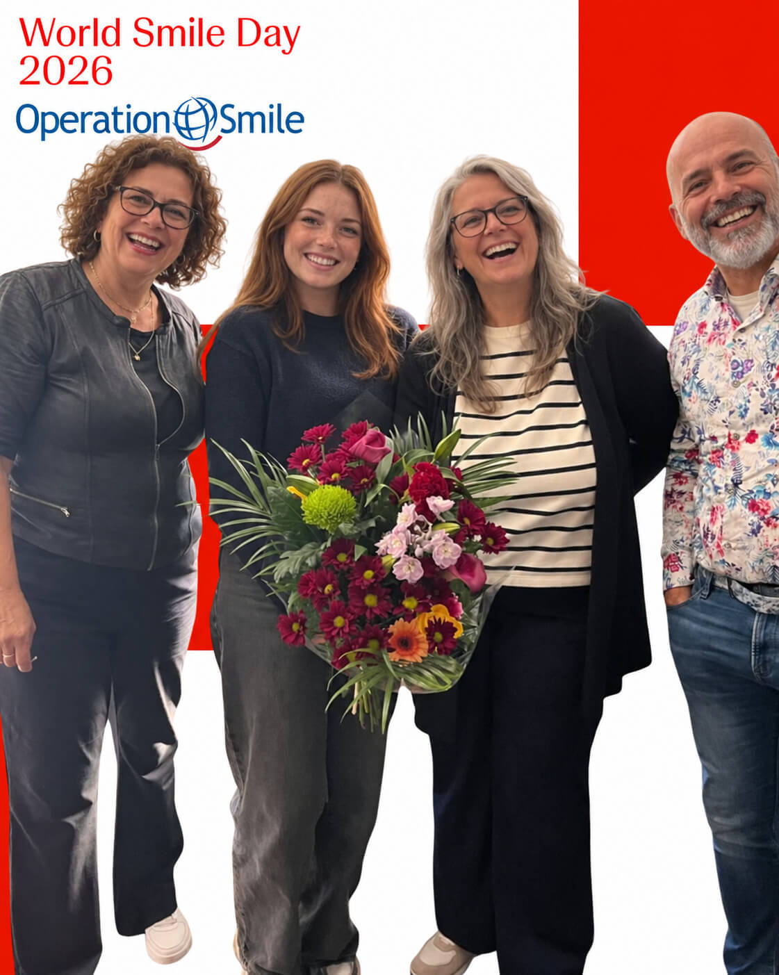Digital photo booth group photo of four people holding a bouquet in a World Smile Day 2026 Operation Smile overlay (client branded)