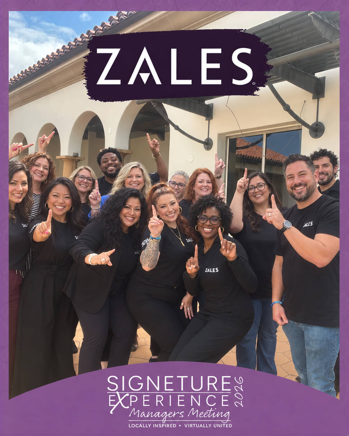 Digital photo booth group photo of a Zales team holding up number one fingers, in a Signature Experience 2026 Managers Meeting overlay (client branded)
