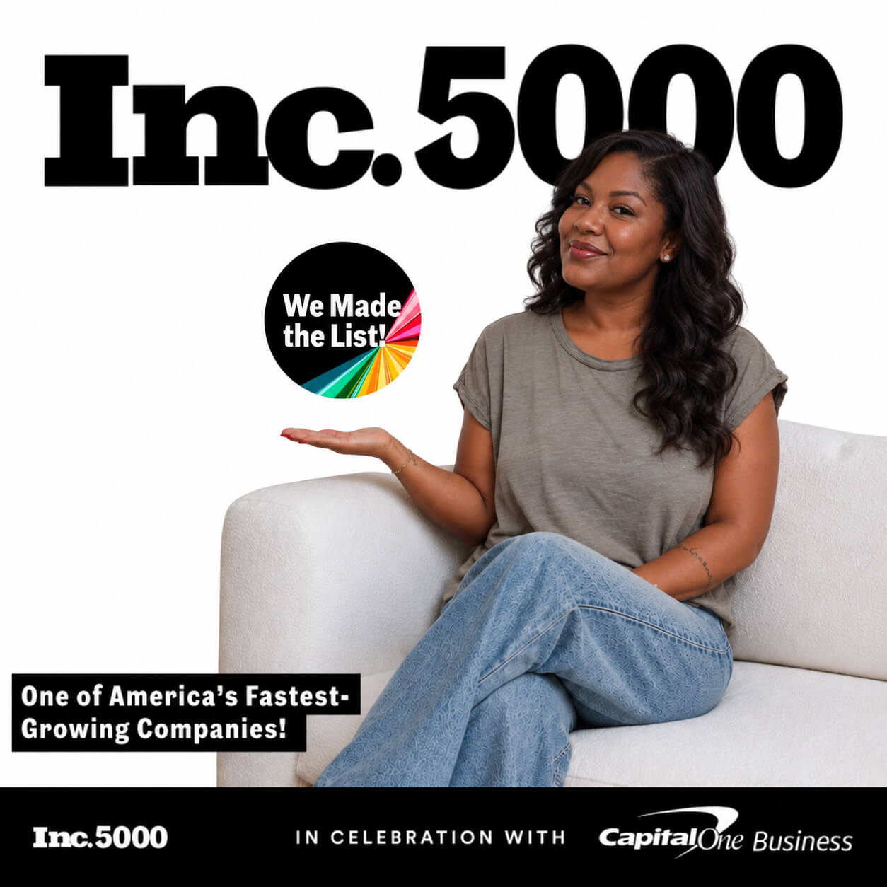 Digital photo booth photo of an attendee seated on a white sofa presenting a We Made the List badge under an Inc. 5000 headline, with Capital One Business branding (client branded)