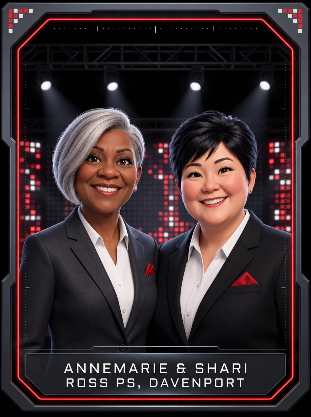 AI trading card output: two colleagues in matching black suits on a neon-lit stage, captioned Annemarie and Shari, Ross PS, Davenport (client branded)