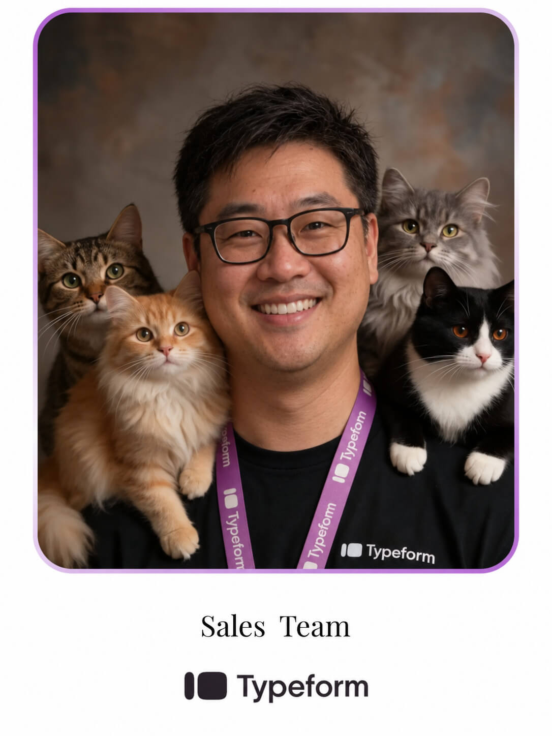 AI photo booth output: Typeform sales team member posing with four cats in a painterly studio portrait (client branded)