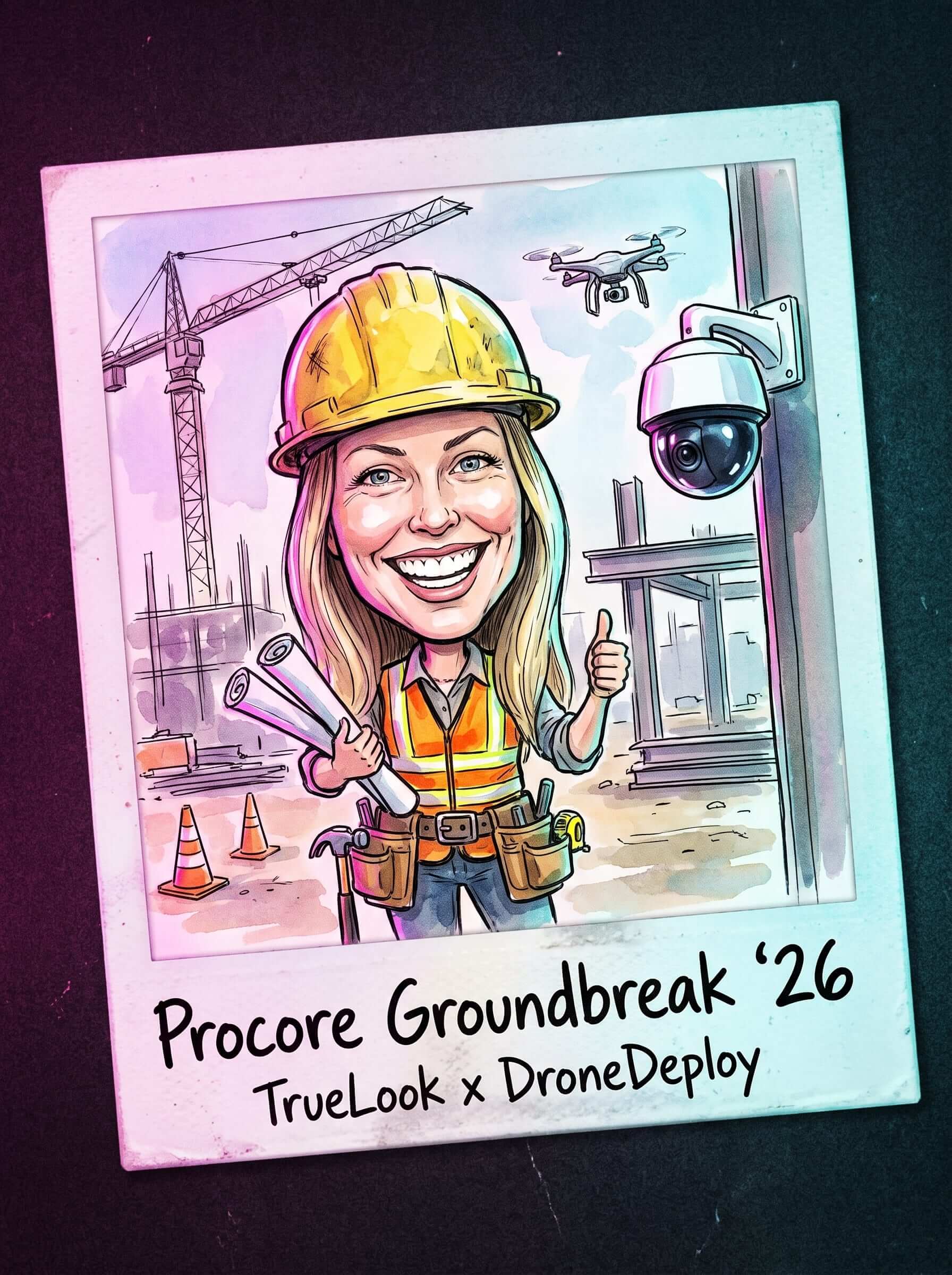 AI caricature output: attendee drawn as a smiling construction worker holding blueprints in a watercolor sketch, captioned Procore Groundbreak 26, TrueLook x DroneDeploy (client branded)