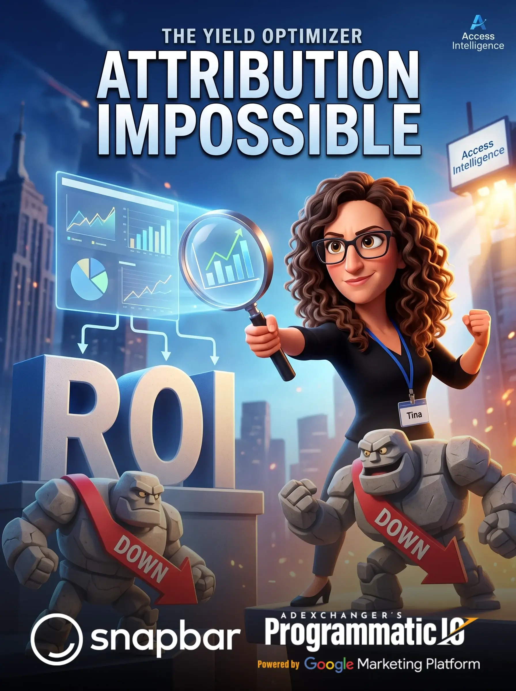AI movie poster output: attendee as a 3D animated hero with a magnifying glass facing stone golems, titled Attribution Impossible, with AdExchanger Programmatic I/O branding (client branded)