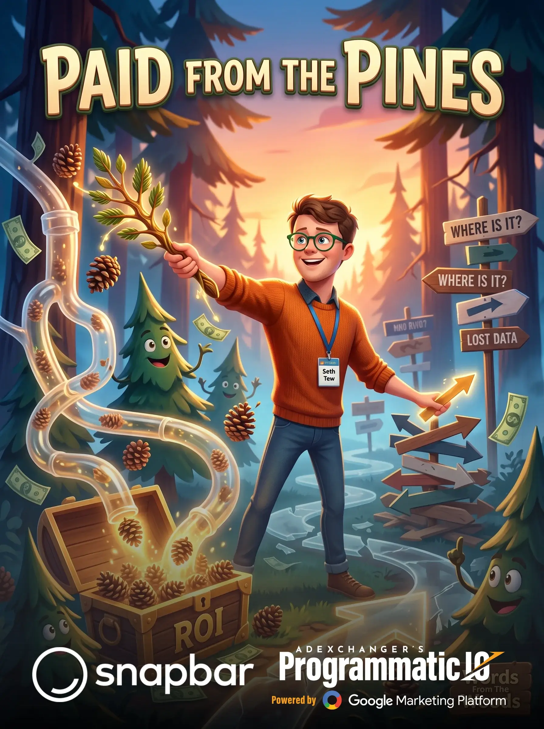 AI movie poster output: attendee as a 3D animated hero in an enchanted pine forest with a treasure chest and signposts, titled Paid From the Pines, with AdExchanger Programmatic I/O branding (client branded)