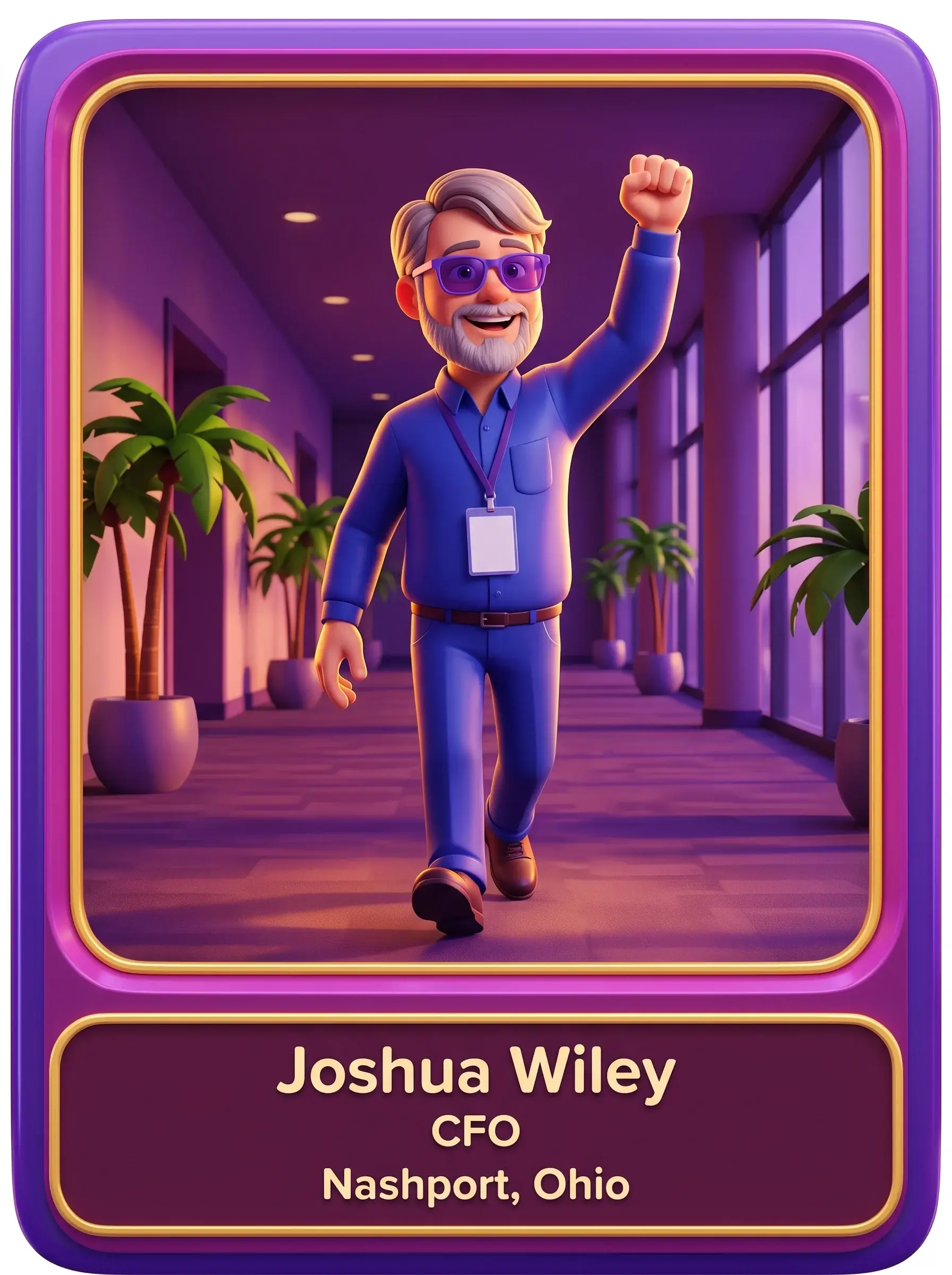 AI trading card output: attendee as a 3D animated character in purple sunglasses striding down a hotel hallway, captioned with name, CFO, Nashport, Ohio