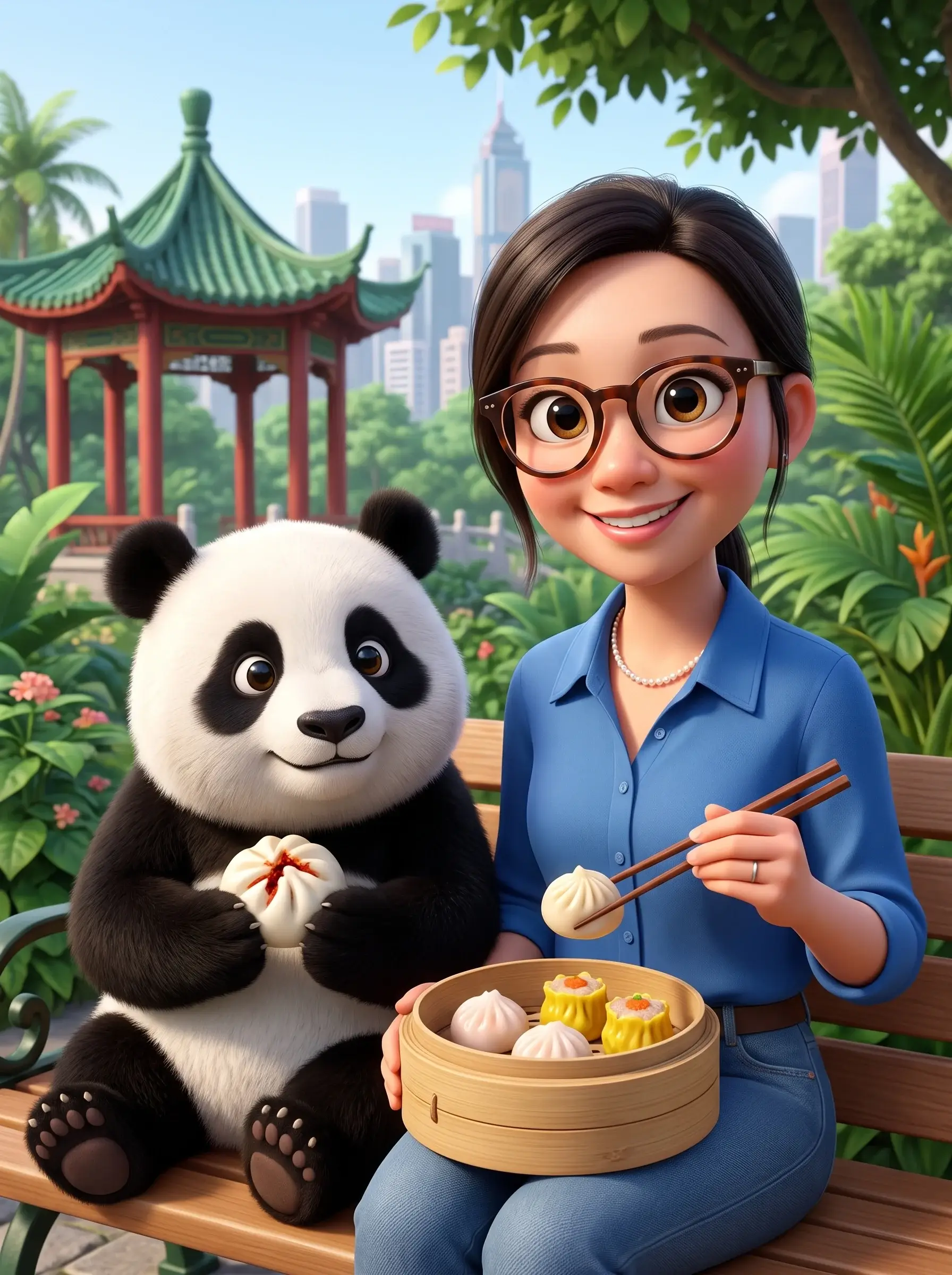 AI photo booth output: attendee as a 3D animated character sharing dim sum with a panda on a park bench beside a pagoda